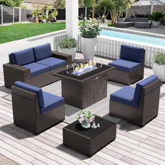 LayinSun 7 Pieces Outdoor Patio Furniture Set with 44" Fire Pit Table Brown Rattan Sectional Sofa Conversation Sets image {12}
