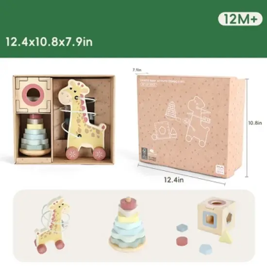 Freniland&trade; - Giraffe Baby 3 in 1 Activity Set Bead Coaster, Stacking Tower and Sorting Cube for 12M+ (CPC Certified) image {1}