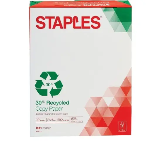 Staples 30% Recycled 8.5" x 11" Copy Paper 20 lbs 92 Brightness 500/RM 492071 image {1}