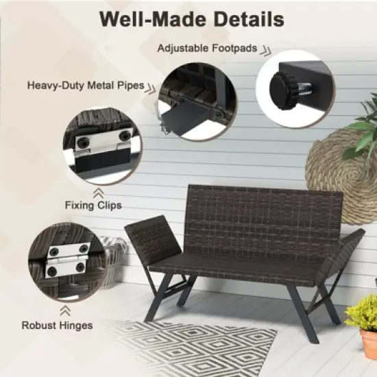 Costway Patio Convertible Sofa for 2 with Adjustable Armrests Metal Frame Wicker Couch image {8}