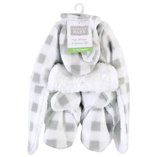 Hudson Baby Unisex Baby Trapper Hat, Mitten and Bootie Set, Gray White Plaid image {1}