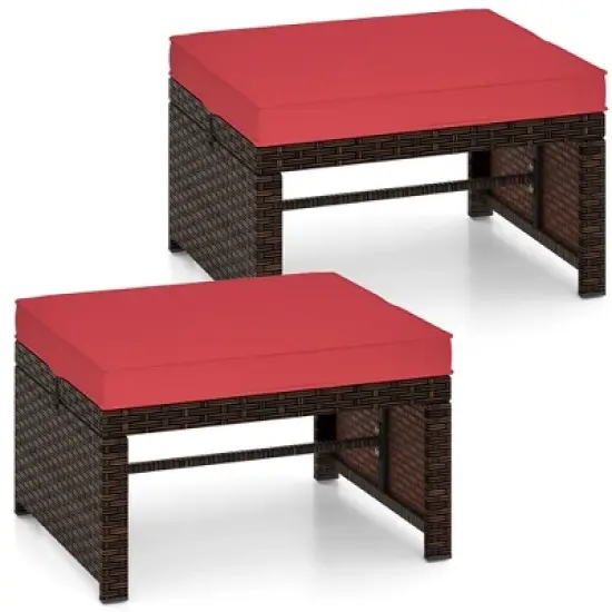 Tangkula Set of 2 Patio PE Rattan Ottomans w/ Soft Zippered Cushions for Deck Outdoor image {9}
