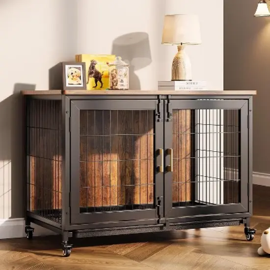 Acekool 37.5" Furniture Style Dog Crate with Wheels, Removable Tray, Lockable Indoor Kennel, Rolling Cage for Medium & Large Dogs, Brown image {7}