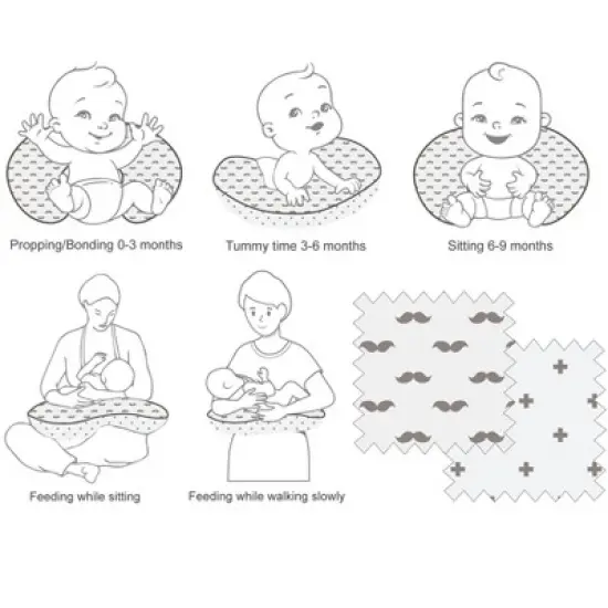 Bacati - 3 pc Mustache/Plus Gray Muslin Hugster Feeding & Infant Support Nursing Pillow with 2 removable zippered covers image {7}