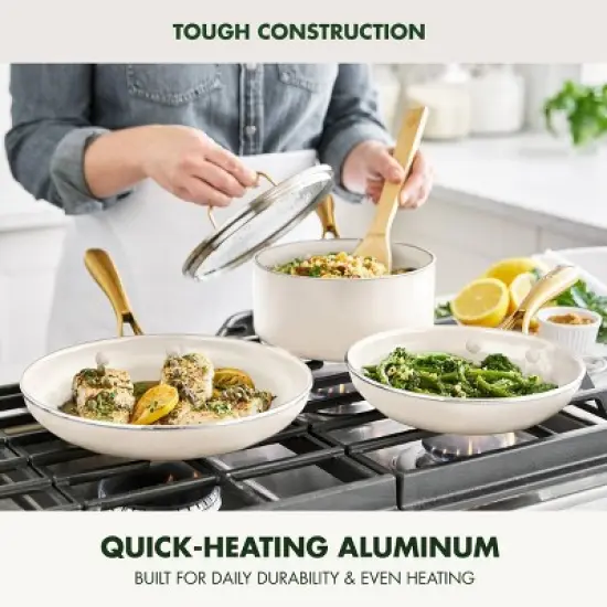 GreenPan Studio 12pc Aluminum Ceramic Nonstick Cookware Set Linen: Lifetime Warranty, Dishwasher-Safe, Non-Induction image {2}