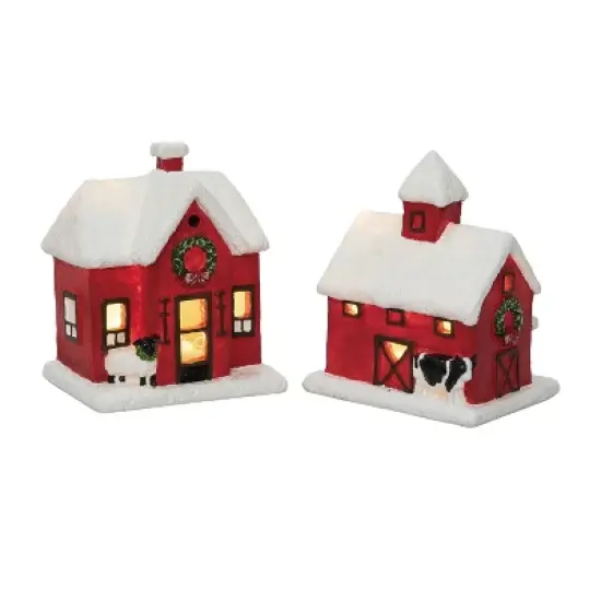 Transpac Light Up Barn and Church Set of 2 Decorative Sculptures for Christmas Tabletop Decor Multicolor Battery Operated image {1}