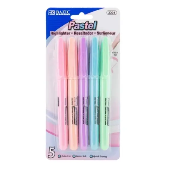 BAZIC Products&reg; Pen Style Highlighter with Pocket Clip, Pastel, 5 Per Pack, 12 Packs image {1}