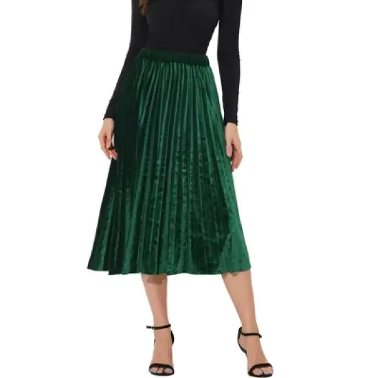 Allegra K Women's High Elastic Waist Velvet Pleated Swing Midi Skirt image {6}