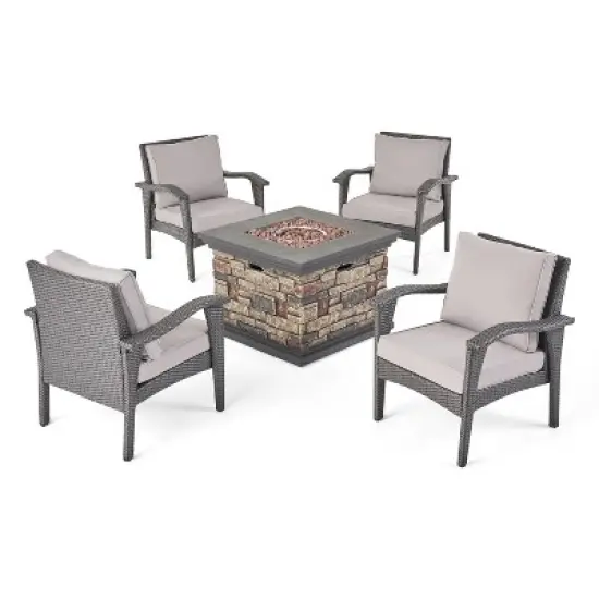 GDFStudio Barstow Outdoor Wicker 5 Piece Club Chair and Fire Pit Set with Cushions image {11}