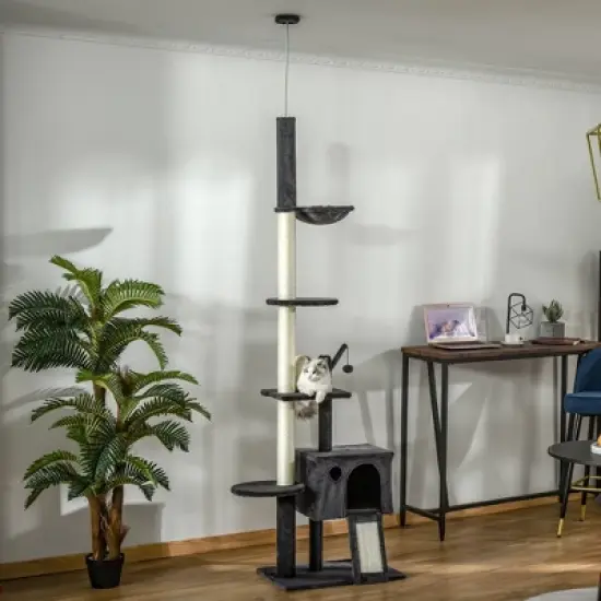 SKYONE Beige Floor-to-Ceiling Cat Tree with Adjustable Height, Multiple Platforms, Bed, Hammock, image {4}