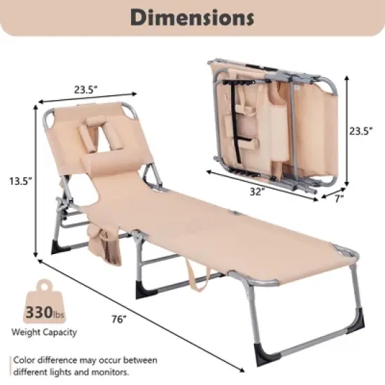 Costway 2PCS Outdoor Beach Lounge Chair Folding Chaise Lounge with Pillow Beige image {2}