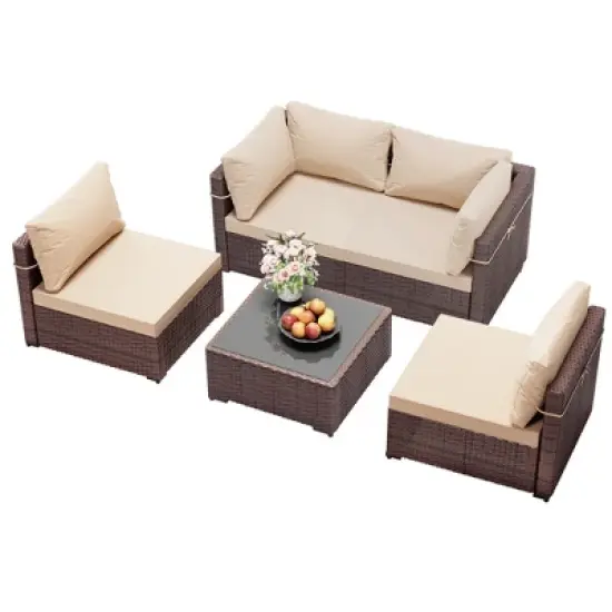 UPHA 5-Piece Rattan Patio Sofa Conversation Set with Cushions image {1}