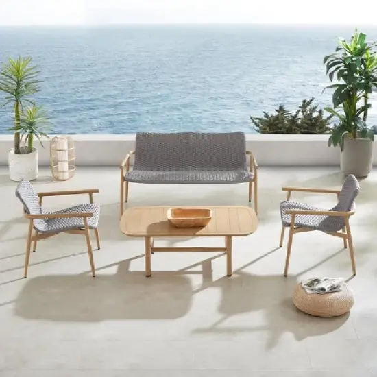 Layout Optimized Outdoor Seating Ensemble 4Piece Sofa & Armchair Set w/ Grid Weave & Planked Table image {2}