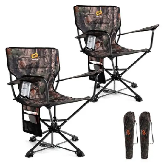 Costway 2PCS 360&deg; Swivel Hunting Chair with Mesh Cup Holder & Storage Pockets Cozy Backrest Camo/Blue/Multicolor image {9}