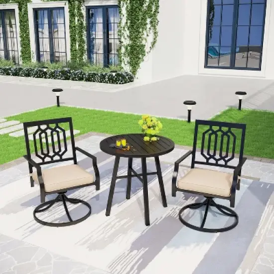 Captiva Designs 3pc Outdoor Patio Slatted Tabletop Round Dining Table & Metal Chairs image {15}