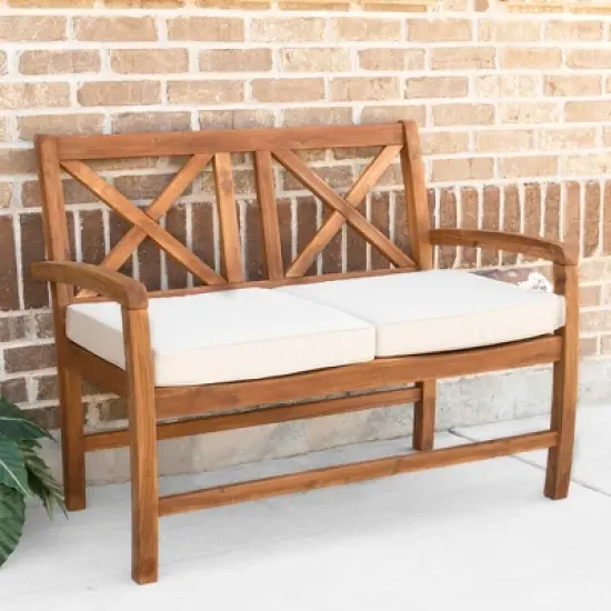 Acacia Wood X-Back Love Seat with Cushions Brown - Saracina Home image {3}