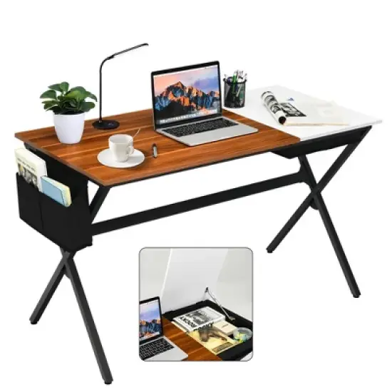 Costway Computer Desk Writing Study Laptop Table w/ Drawer & Storage Bag Walnut\Black image {11}