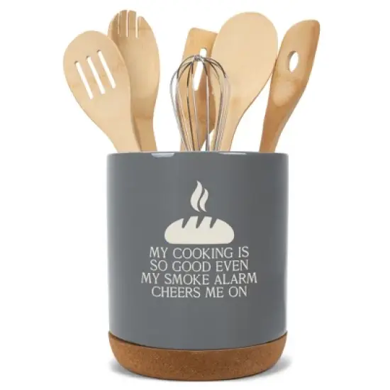 Elanze Designs My Cooking Is So Good Ceramic Cork Bottom Gray Large Capacity Utensil Holder Crock for Countertop Storage, Stylish & Durable for image {4}