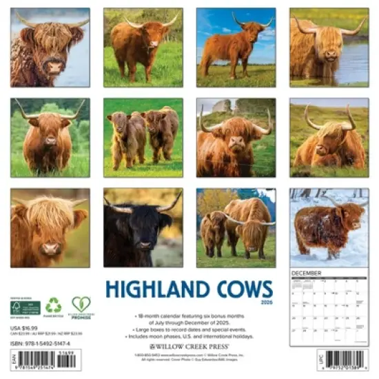 Willow Creek Press 12"x12" 2026 Highland Cows Wall Calendar image {1}