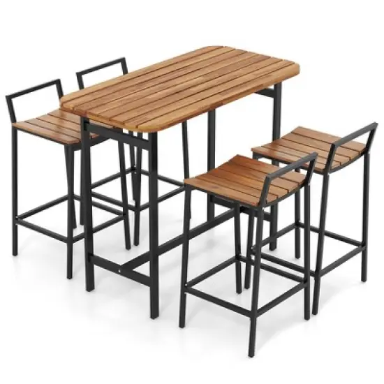 Tangkula Acacia Wood Patio Table & Chair Set 5 Pcs Outdoor Dining Set w/ 1 Table & 4 Bar Height Chairs image {1}