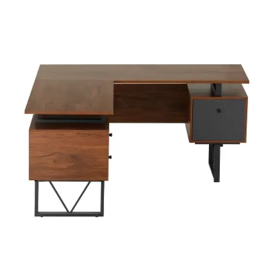 Reversible L Shaped Computer Desk with Drawers and File Cabinet Walnut - Techni Mobili image {9}