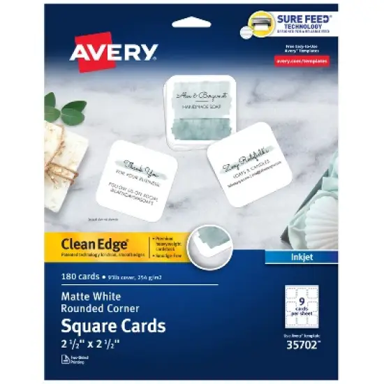 Avery Clean Edge Printable Square Cards with Sure Feed Technology, Rounded Corners, 2.5" x 2.5", White, 180 Blank Cards for Inkjet Printers (35702) image {9}