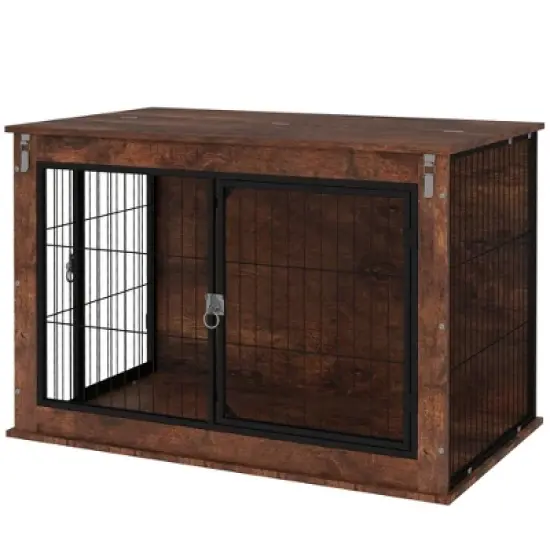 PawHut Dog Crate Furniture, 39" Dog Kennel Furniture with Flip-up Top Opening, 2 Doors, Dog Cage Side End Table for Large Dogs, Rustic Brown image {3}