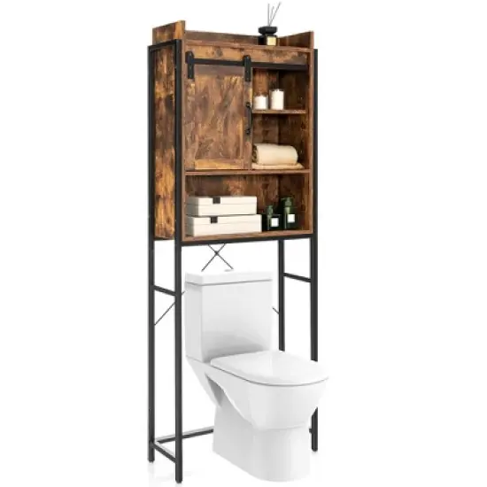Costway Over-The-Toilet Storage Cabinet Bathroom Organizer w/ Sliding Barn Door Rustic\Espresso image {11}