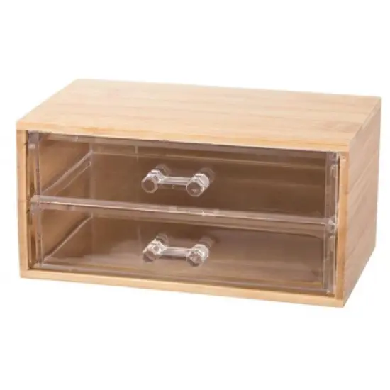 Compact Bamboo Makeup & Jewelry Organizer with 2 Tier Acrylic Drawers, Nonslip Cosmetic Storage Box for Palettes, Skincare & Beauty Accessories image {3}
