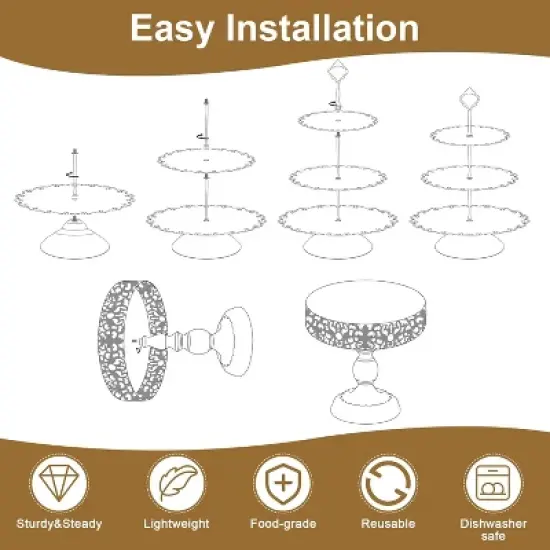 Gold Cake Stand Set,Metal Round Cake Stand Cookie & Dessert Display Tray,Banquet Tower Tray with Handle Perfect for Any Party Celebration(5 Sizes) image {6}