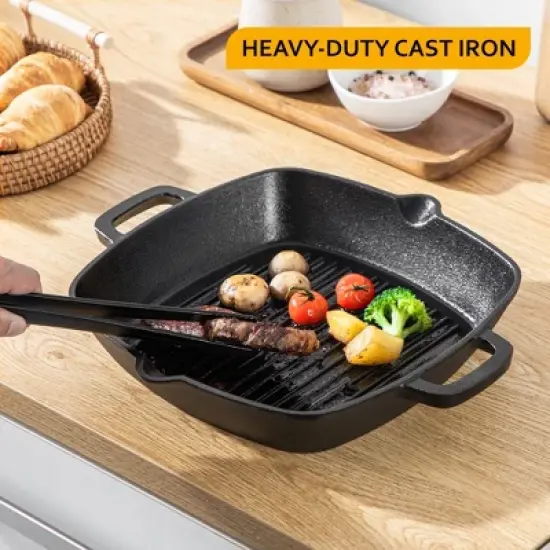 vancasso Griddle Pans Pre-Seasoned Cast Iron Frying Pan Square with Double Handle for Induction, Electric & Gas Hobs Grill Steak and Veggies Black image {5}