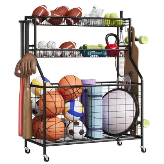 Sports Equipment Garage Organizer, Sports & Toy Storage Organizer for Garage, Outdoor Ball Storage with Baskets, Hooks & Rolling Cart, Ball Rack image {7}