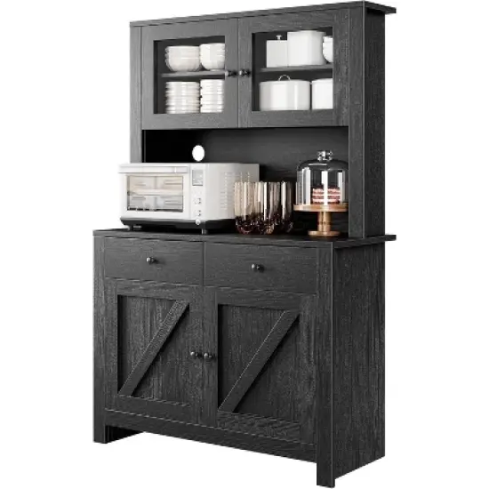 Kitchen Pantry Cabinet with Microwave Stand, Freestanding Hutch Cabinet with Buffet Cupboard,Black image {6}