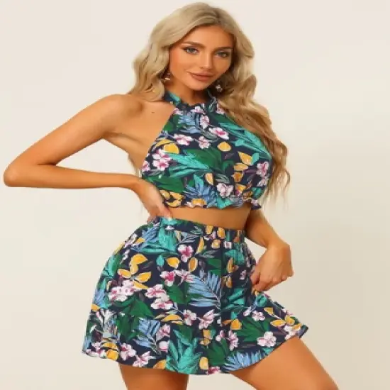 Allegra K Women's 2 Piece Outfits Floral Halter Neck Sleeveless Crop Top with Short Skirt Set image {1}
