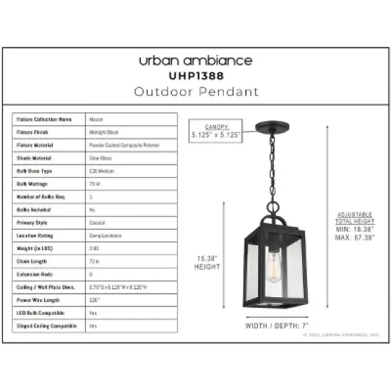 Urban Ambiance Luxury Farmhouse Outdoor Pendant 15.375''H x 7''W,  Midnight Black Finish,  Macon Collection, UHP1388 image {3}