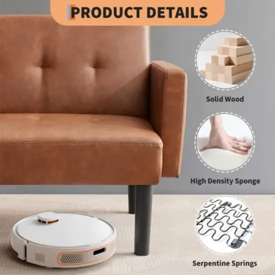 Modern Mid-Century Futon Sofa Bed &ndash; Compact 3-Seater Convertible Sleeper Loveseat with Chevron Tufting & Tapered Legs, Brown image {4}