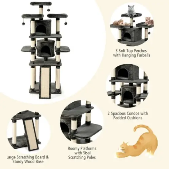 Costway 67'' Multi-Level Cat Tree w/ Cozy Perches Kittens Play House Dark Grey/Light Grey image {8}