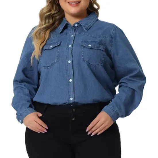 Agnes Orinda Women's Plus Size Denim Long Sleeve Button Down Jean Pockets Shirts image {1}