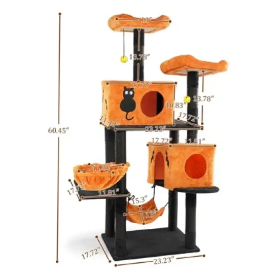 Angel Sar 61" Halloween Cat Tree with 2 Condos, 2 Hammocks & Perches, Large Cat Tower with Scratching Posts for Multiple Cats, Orange & Black image {2}