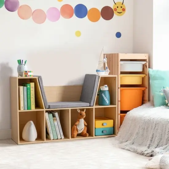 HOMCOM 6-Cubby Kids Bookcase, Reading Nook Organizer with Seat Cushion, Toddler Storage Cabinet Shelf for Playroom Bedroom, 40.5" x 12" x 23.5" image {1}