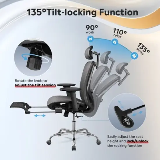 GALAXHERO Ergonomic Mesh Office Desk Chair, High Back Reclining Computer Gaming Chair, Adjustable Lumbar Support, Tilt Function,Black Gray image {3}