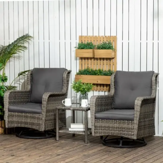 Outsunny 3-Piece Patio Bistro Set, PE Rattan Wicker Outdoor Furniture, Soft Cushions, 2 360 Swivel Rocking Chairs, 2-Tier Coffee Table image {1}