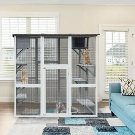 Wooden Catio Outdoor Cat Enclosure, Outdoor Cat House With Weatherproof, Large Solid Wood Cat Cage Playpen With 6 Jumping Platforms-Cuddlewood image {7}