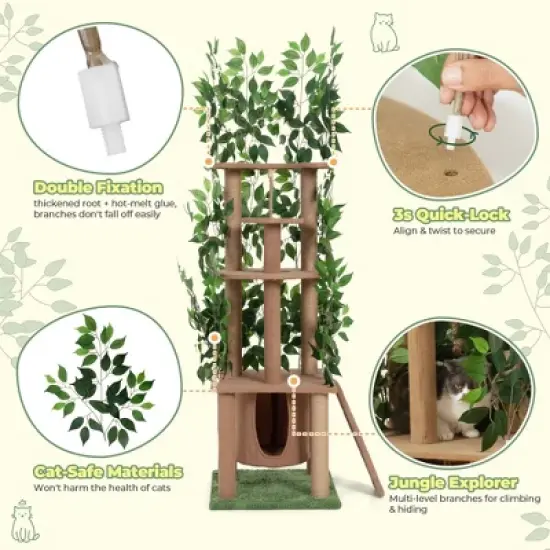 Sandinrayli 76 in. Cat Tree Tower Condo with Green Leaves and Scratching Posts image {9}
