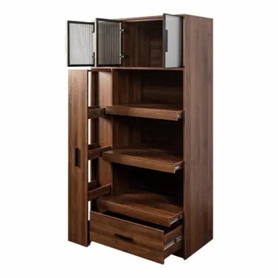 PDTEND 70.87" Freestanding Kitchen Pantry Cabinet with Pull-Out Multi-Tier Storage, Large Drawer, Aluminum Frame Glass Door - Walnut image {6}