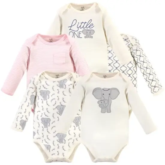 Touched by Nature Baby Girl Organic Cotton Long-Sleeve Bodysuits 5pk, Pink Elephant image {6}