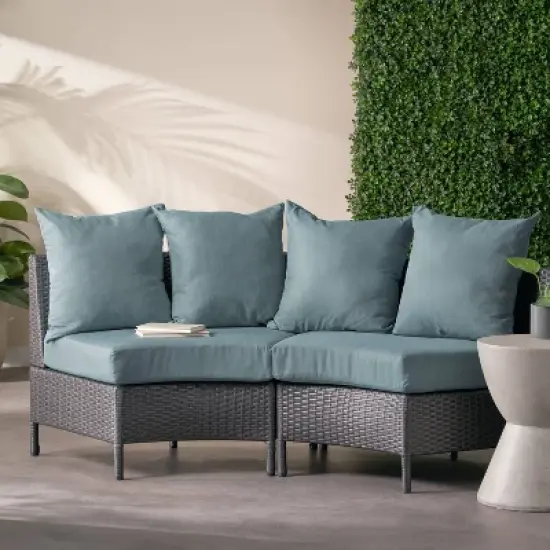 Christopher Knight Home 2pc Newton Wicker Outdoor Patio Curved Loveseat Sectional with Cushions Gray/Teal image {1}