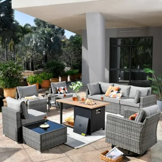 Venice 10pc Wicker Outdoor Patio Furniture Set Conversation Sofa with a Storage Fire Pit, Swivel Chair and Cushions image {18}