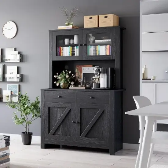 Kitchen Pantry Storage Cabinet with Microwave Stand & Coffee Bar Cabinet,Freestanding Hutch Cabinet with 4Doors image {6}