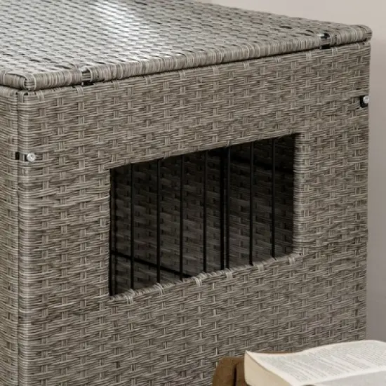 PawHut Rattan Dog Crate with Double Doors, Wicker Dog Cage with Large Entrance and Soft Cushion, Dog Kennel for Medium to Large Sized Dogs, Gray image {5}